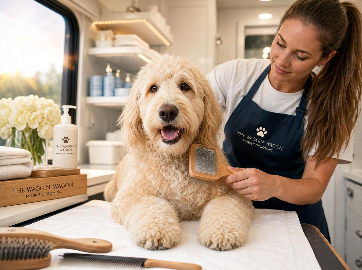 A happy dog being groomed in our mobile suite