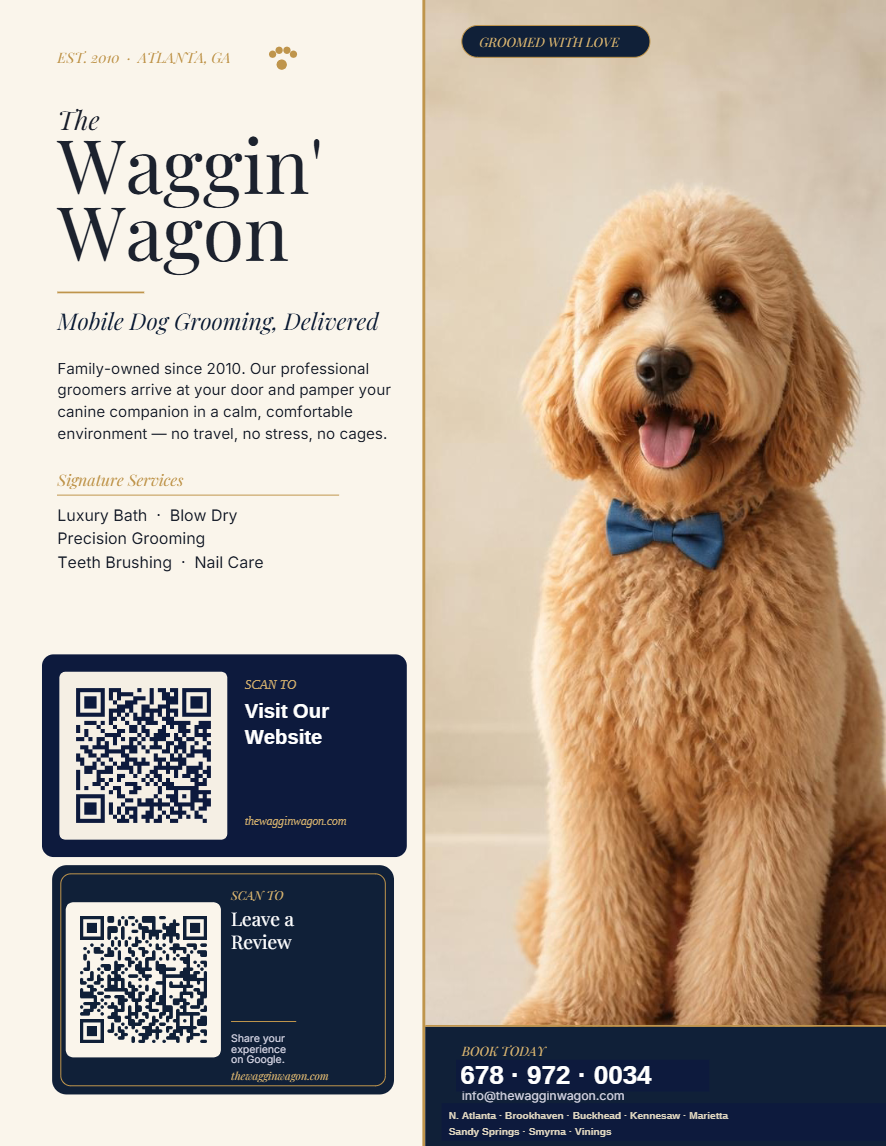 The Waggin' Wagon promotional flyer with a goldendoodle, QR code to visit the website, QR code to leave a review, and contact details